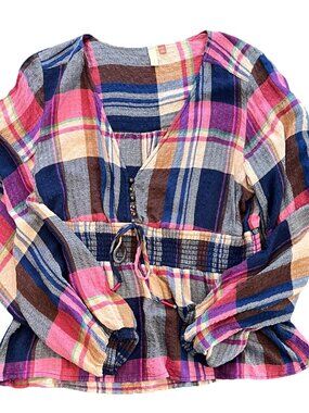 Anthropologie Pilcro Deep V Blouse Plaid Pink Blue Size Large Top Shirt Long